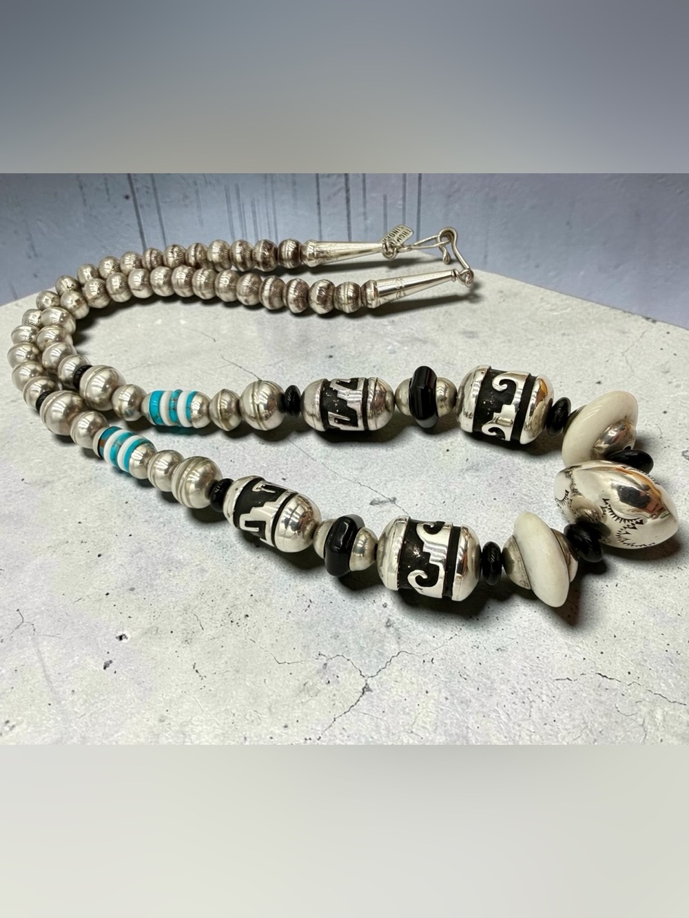 Thomas Singer Navajo Sterling Silver Turquoise Onyx MOP Bead Necklace 24” 74gram - Picture 9 of 17